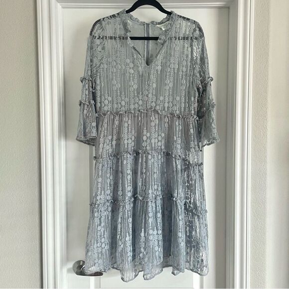 Sundance Ellery Lace Flare Sleeve Midi Dress Dusty Blue Sheer Prairie Size PL - Picture 3 of 13